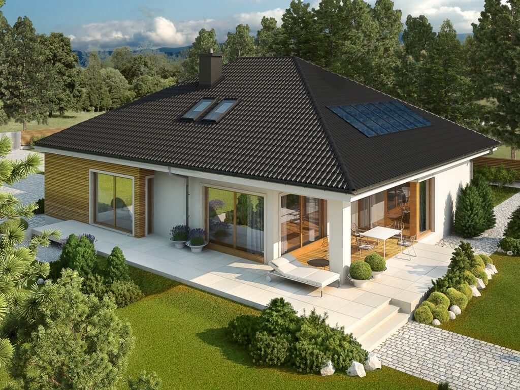 beautiful Bungalow House Designs with a solar panel on the roof