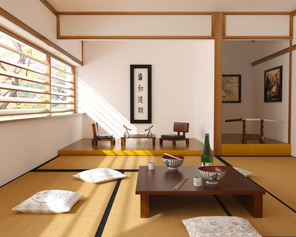 japanese tea house with a coffee table and a painting on the wall 