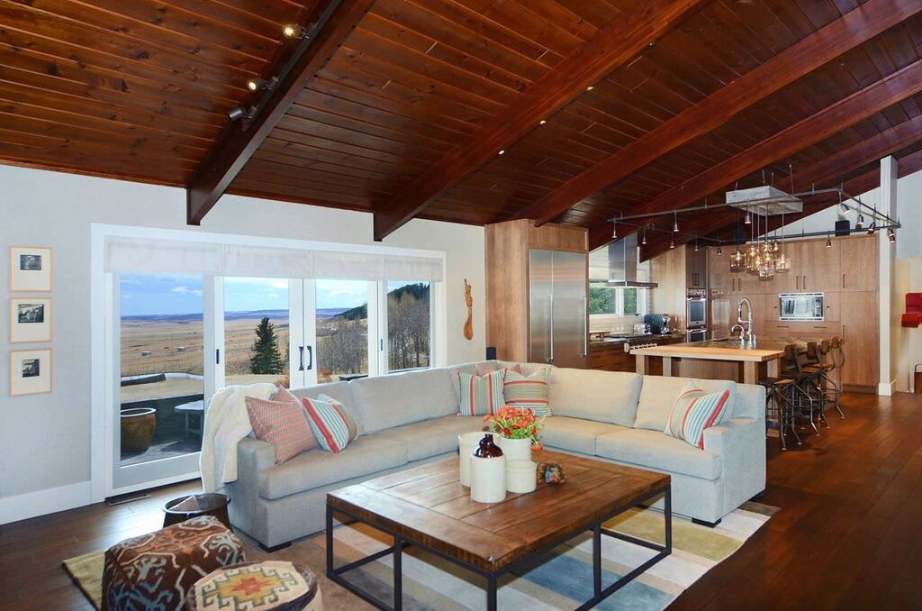 modern townhouse living room with furniture and a wooden ceiling