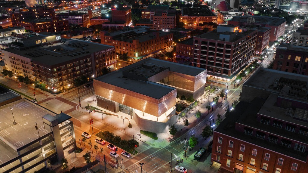 An aerial view of dallas holocaust museum at night