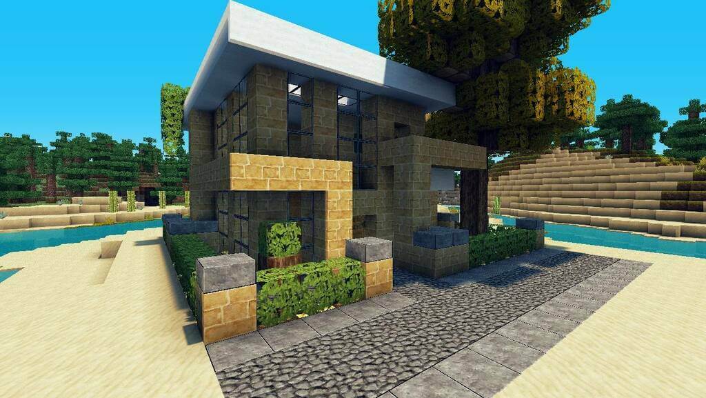 beach house minecraft with a lot of plants in front of it