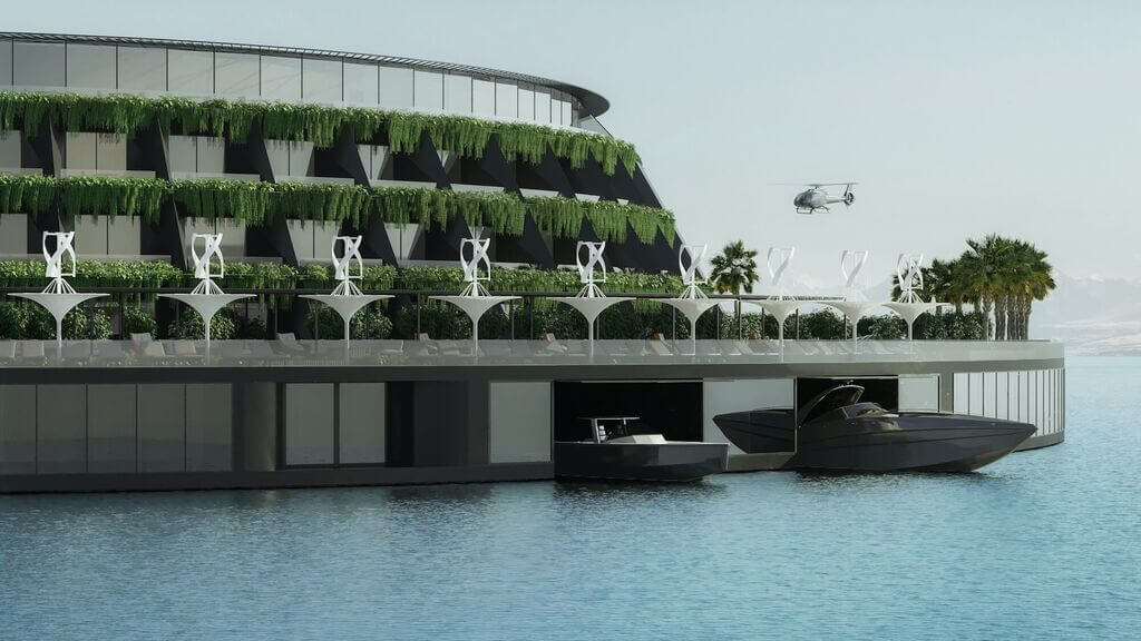 eco floating hotel with boat and helicopter