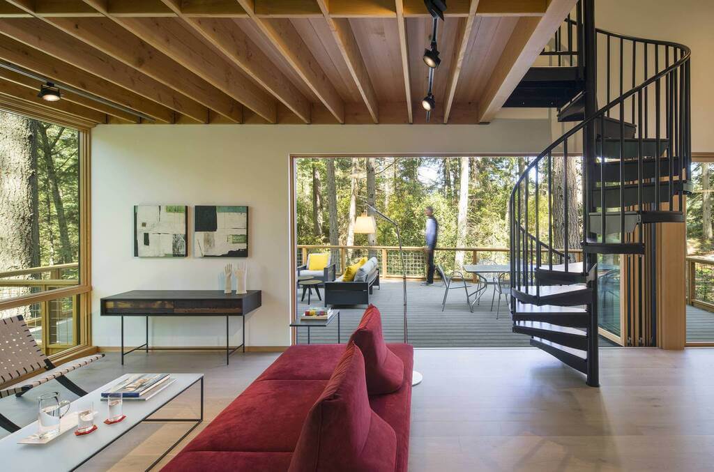 Little House Big Shed with furniture and a spiral staircase