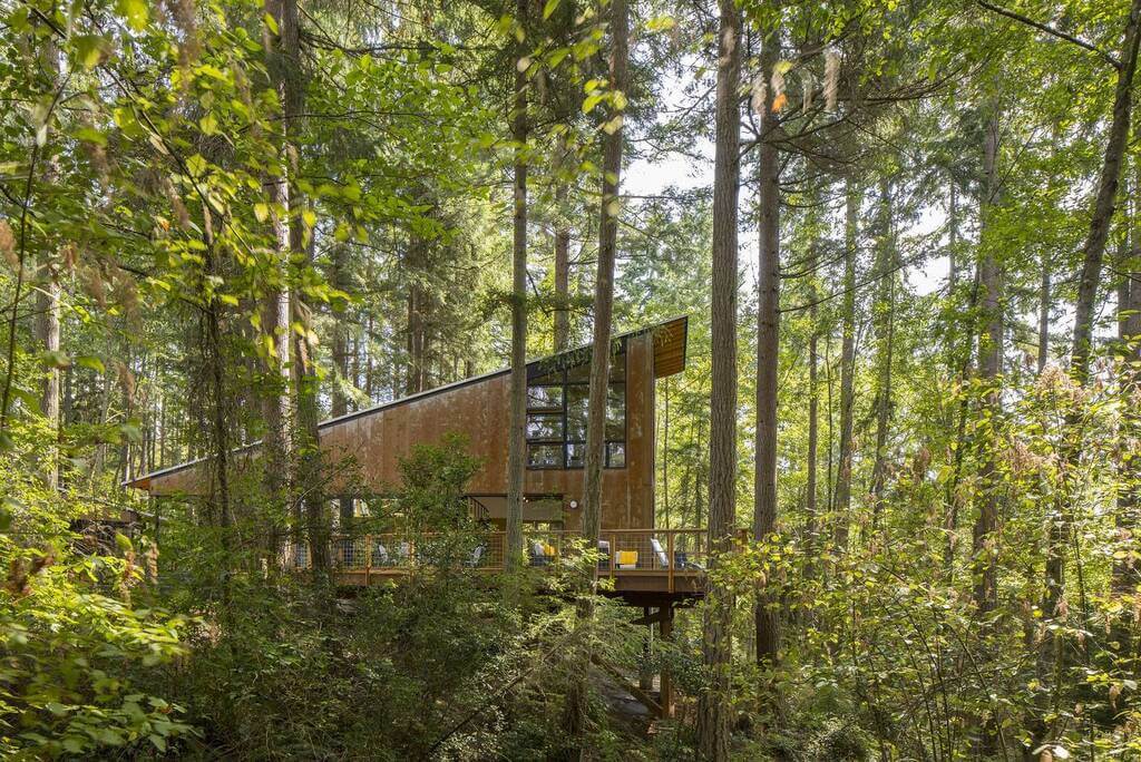 A house in the woods surrounded by trees
