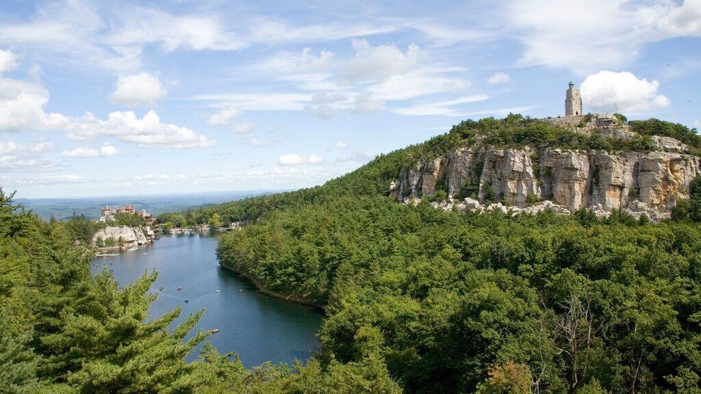 A scenic view of a lake surrounded by trees
