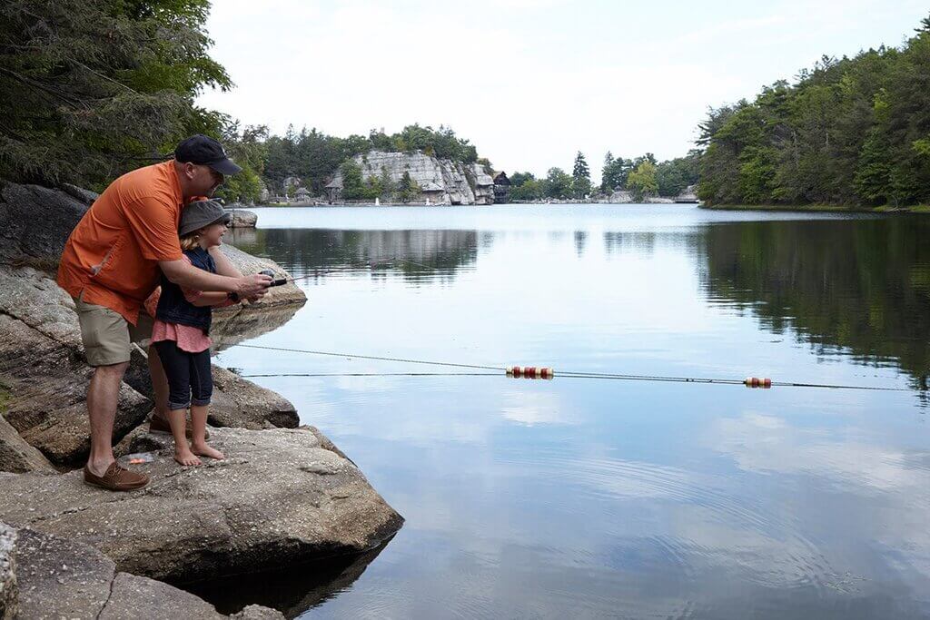 A man and a child fishing on a lake
