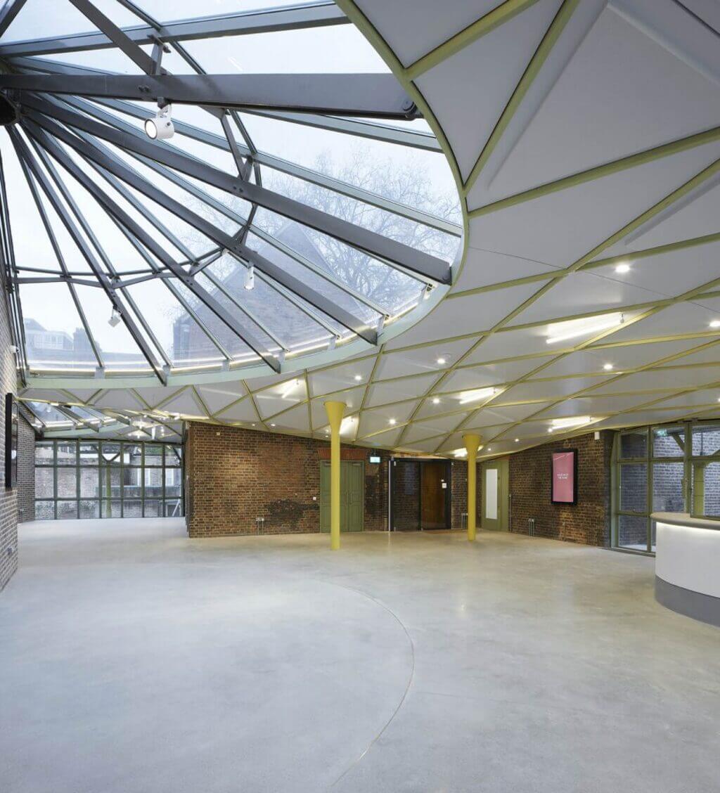 A large open room with a skylight above it
