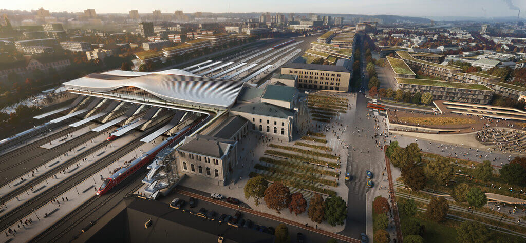 An aerial view of Vilnius railway station renewal by Zaha Hadid Architects