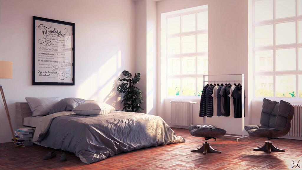 A bedroom with a bed, chair and clothes rack
