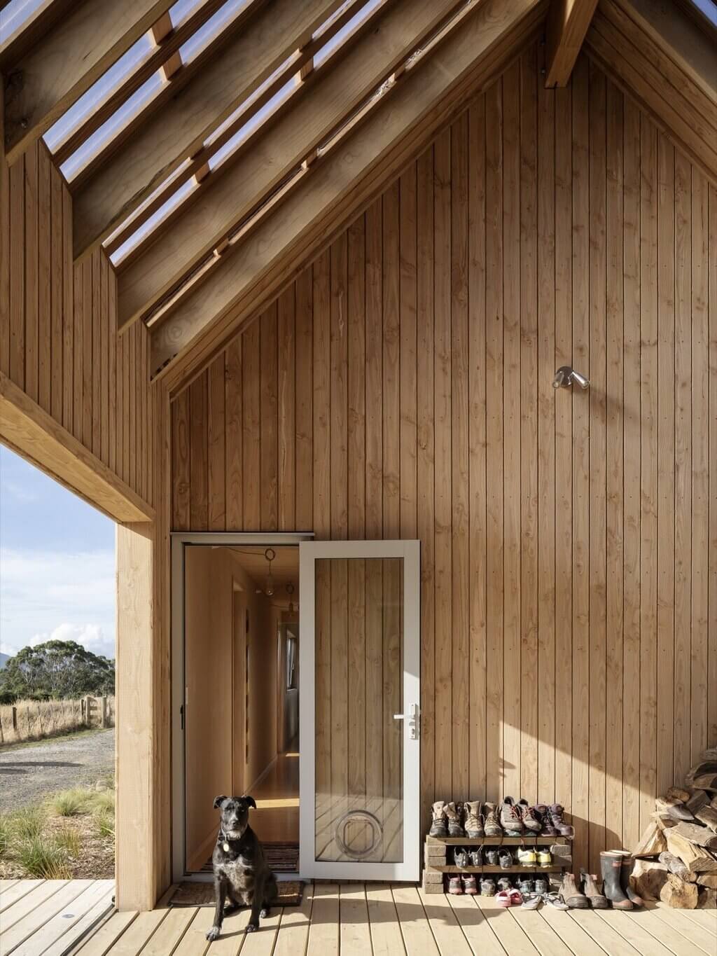 a dog seating near the door