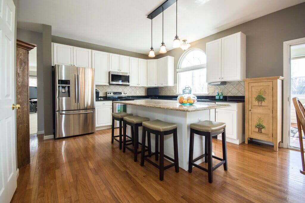 A kitchen with a center island with stools
