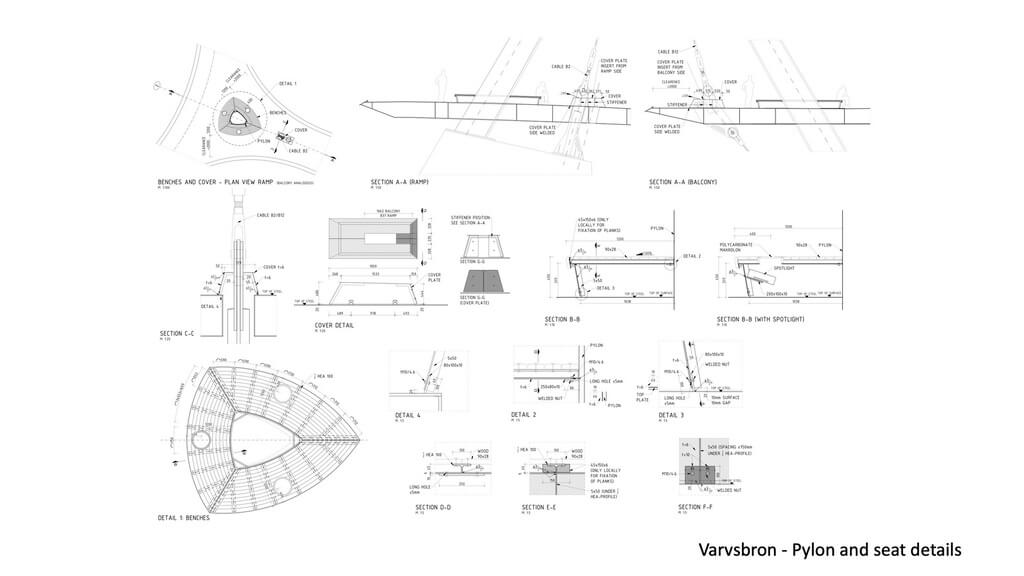 A drawing of various parts of 
Varvsbron Dockyard Bridge
