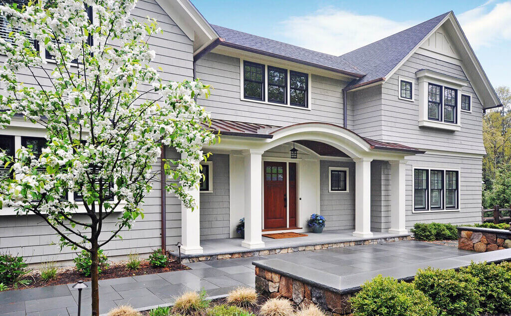 modern grey and red house exterior