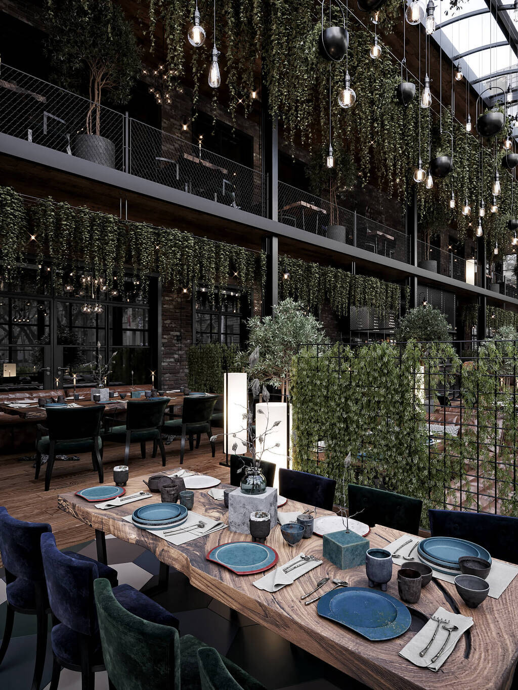 Almaty Cafe and Restaurant dining room with a wooden table and blue chairs
