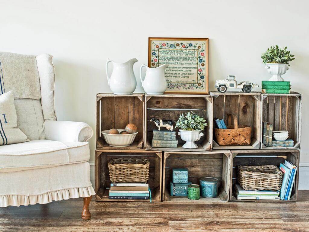 A living room with DIY Wood Crate Shelf  
