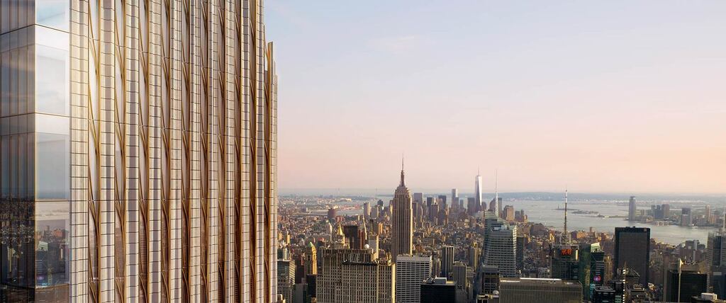 A view of a city from the top of a World's skinniest skyscraper