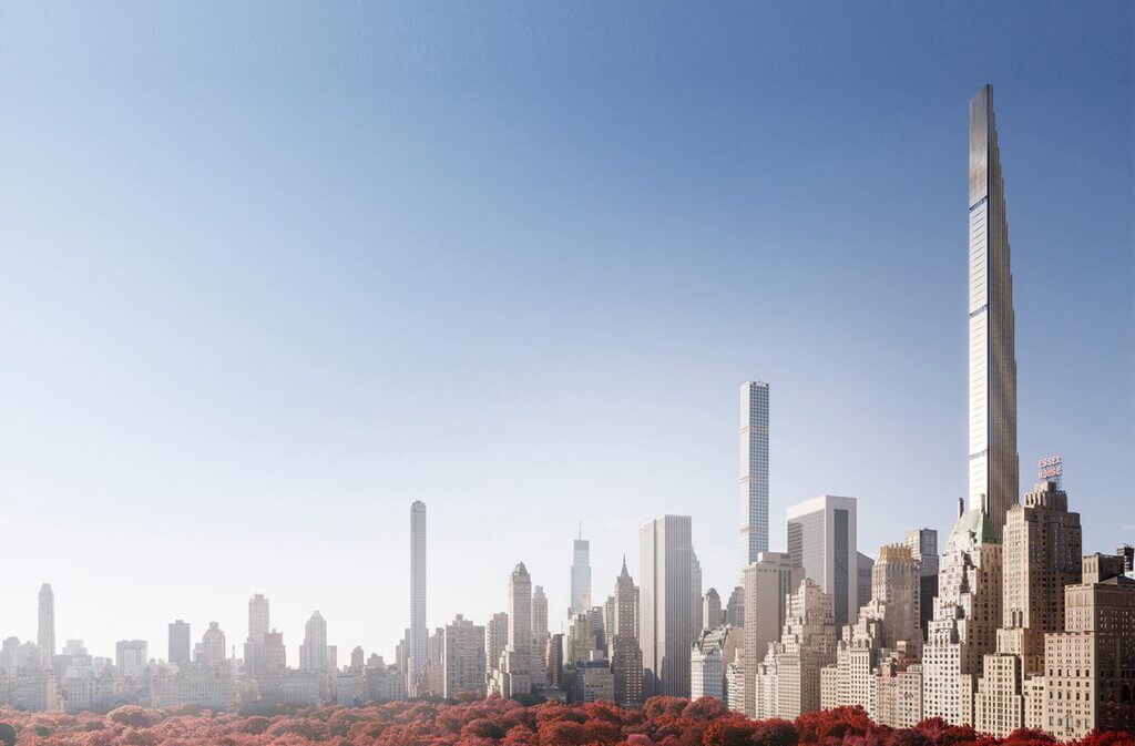 World's skinniest skyscraper and trees in the foreground