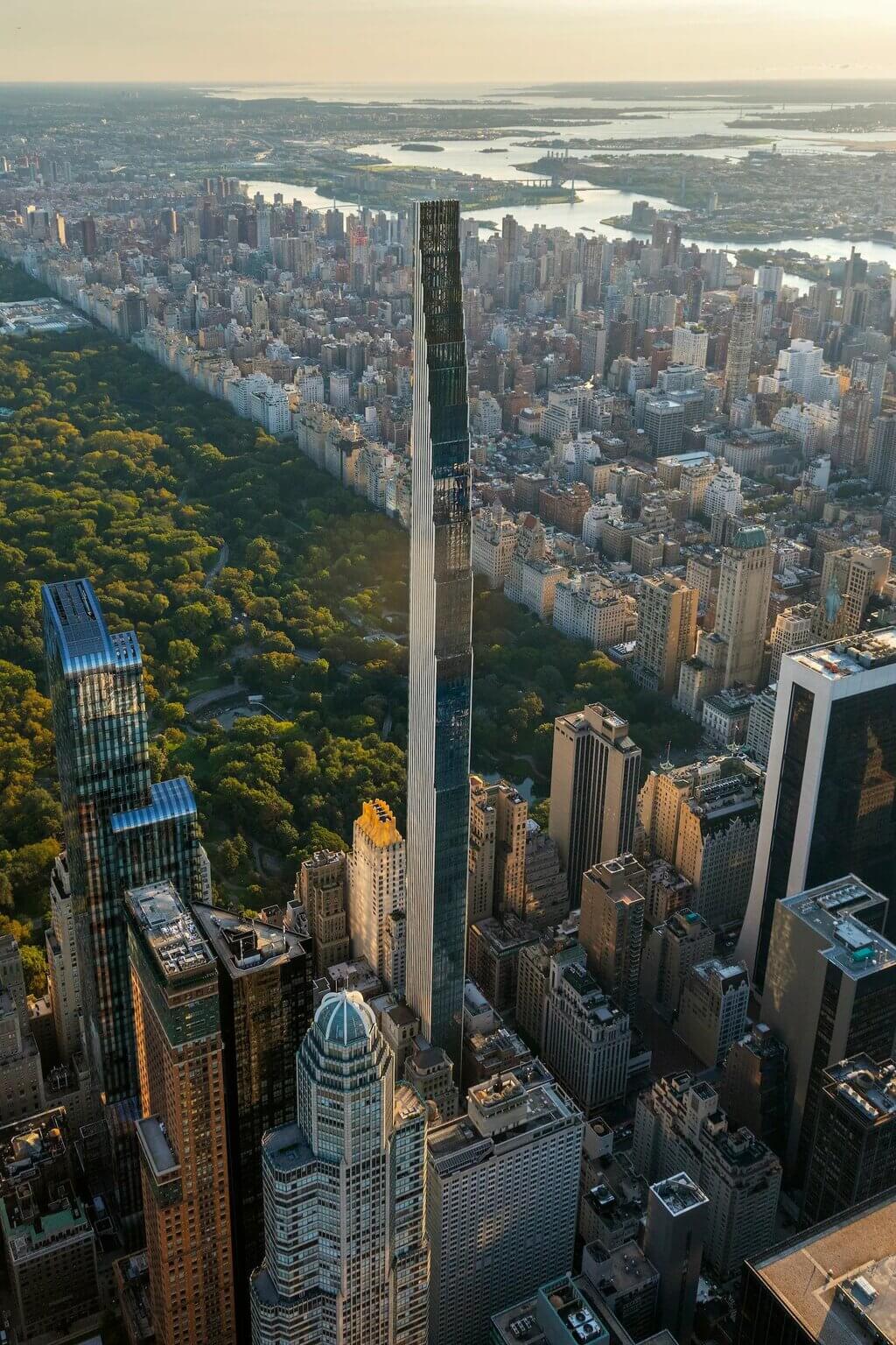 An aerial view of a city with Steinway Tower
