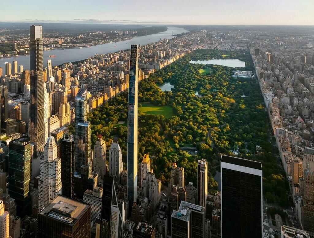 An aerial view of a city and World’s Skinniest Skyscraper by Shop Architects
