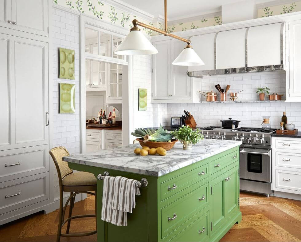 white marble and green center table kitchen