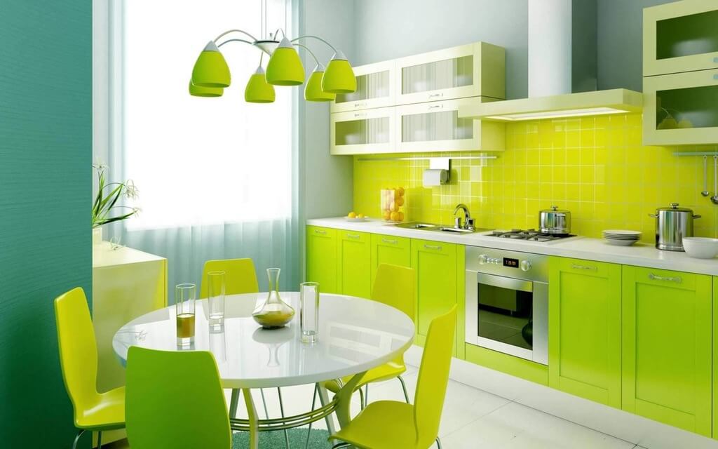 Pale Yellow and Green Color  Cabinet for Small Kitchens 