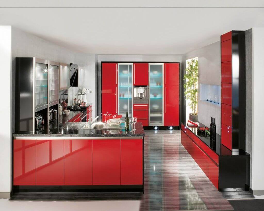 Combination of Red and Black Cabinet for Small Kitchens 