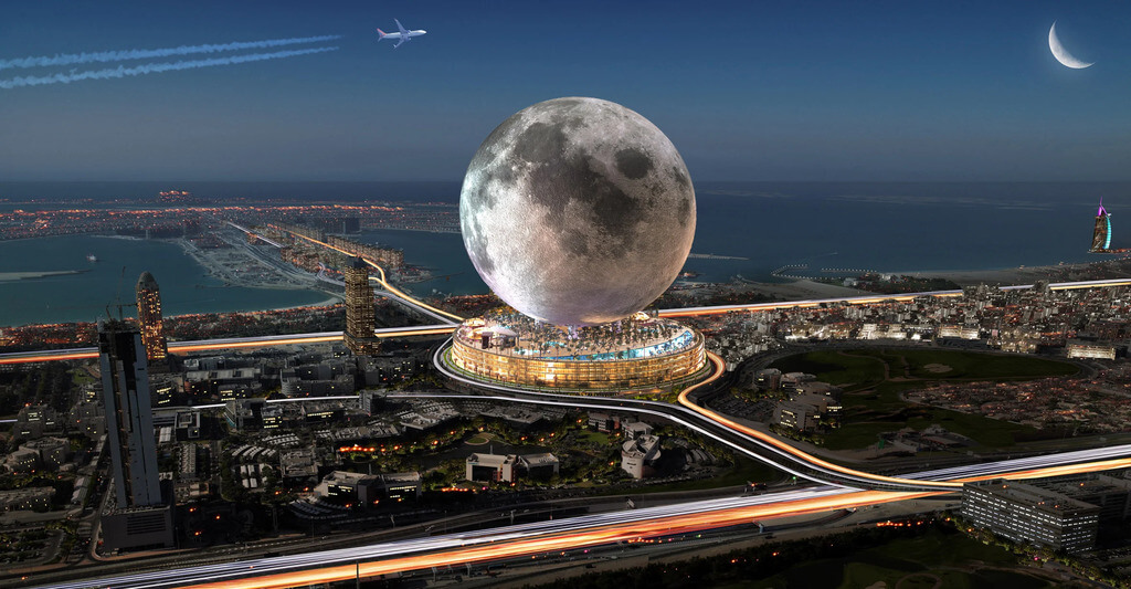 Arial view of Moon Resort Spherical Building