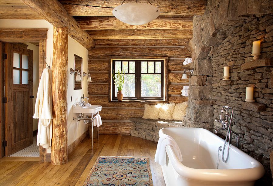 Rustic bathroom in stone and wood