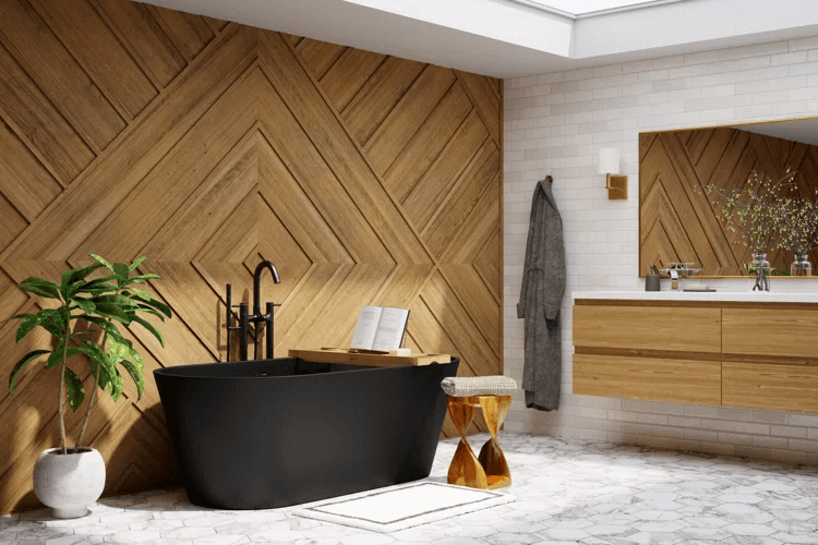wood linen stone bathroom