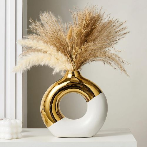 FJS Ceramic Donut Vase White and Gold Round Vase for Pampas Grass