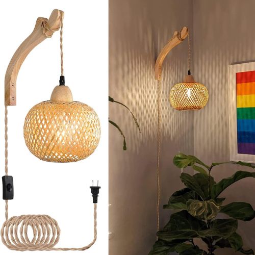 Frideko Bamboo Lantern Plug in Wall Sconces Wicker Lamp