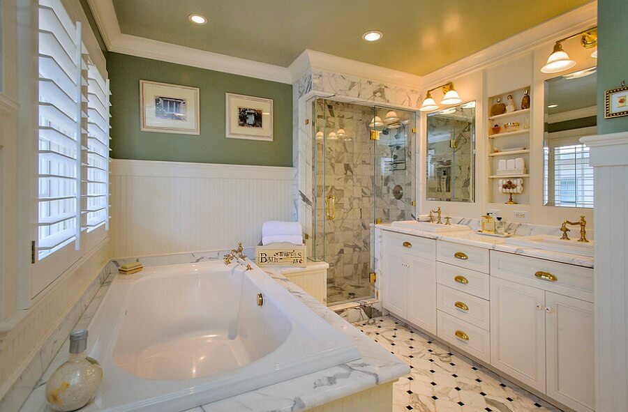Green white and gold bathroom