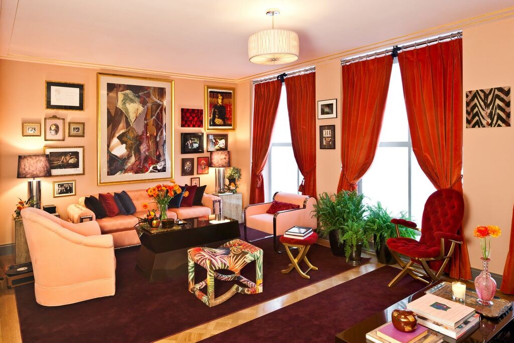 Living Room with Cherry Red Curtains