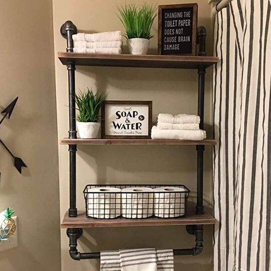 Pipe and Wood Shelves in bathroom