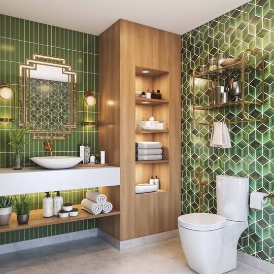 Green glass tile bathroom