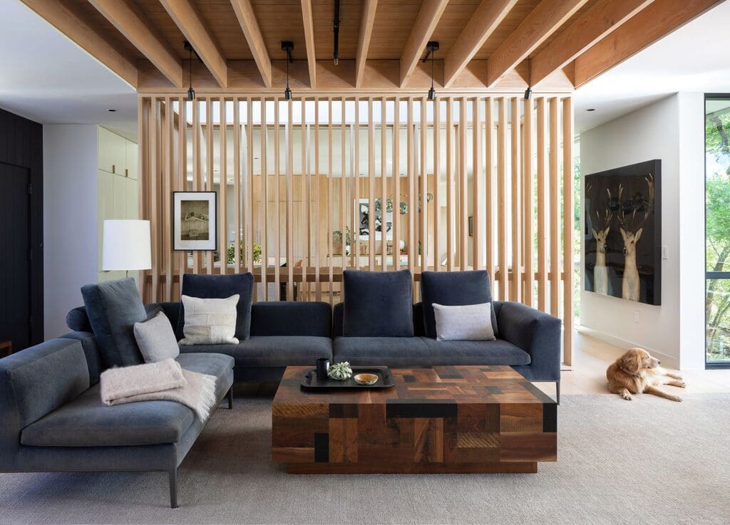 Living Room Having Wooden Divider