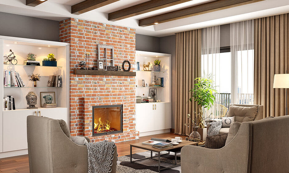 brick fireplace in living room