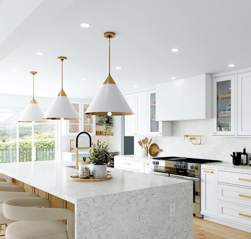 Fully White Kitchen with Hanging Lights