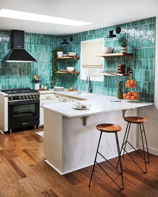 White kitchen With Green Tiles