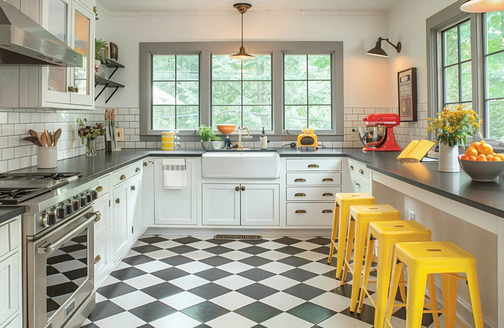 Patterned tiles on floor