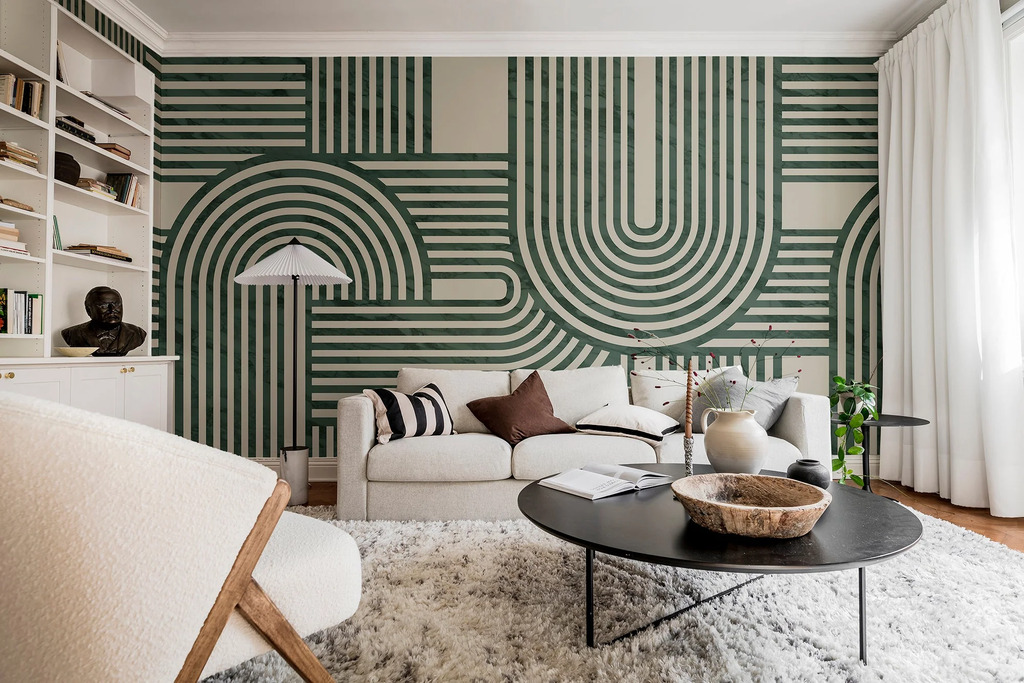 patterned wallpaper on accent wall