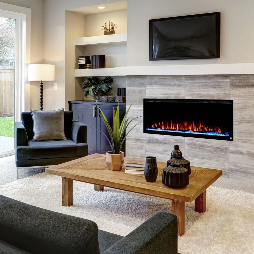 living room with electric fireplace